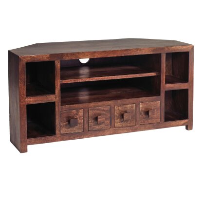 Wyld Haus Phuket Dark Mango Wood Corner TV Unit 4 Drawers 6 Shelves