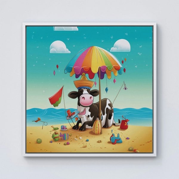 Warren Reed Cow On A Beach Holiday Framed Canvas