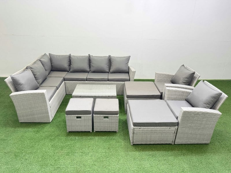 Fimous 12 Seater Garden Outdoor PE Rattan Furniture Set Rattan Garden Sofa Set with 4 Footstools 2 Chair Light Grey Mixed