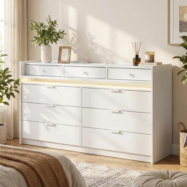 Chest of Drawers for Bedroom with LED Light & Charging Station, 9 Drawers Storage Unit/TV Stand, White - White