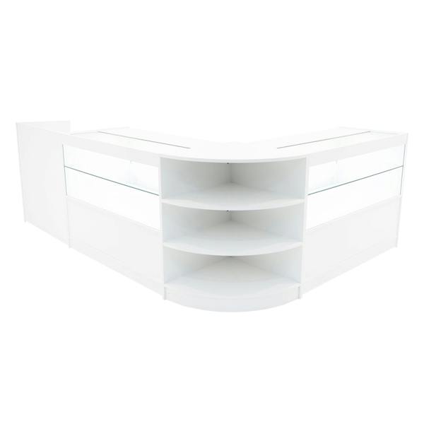 Eclipse LED Shop Counter Set in white, featuring sleek curved design, glass display shelves, and modern storage compartments