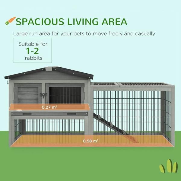 Light grey rabbit hutch with openable roof and wire enclosure with ramp