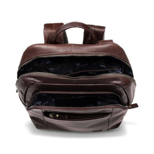 Brown leather backpack with multiple compartments on a white background