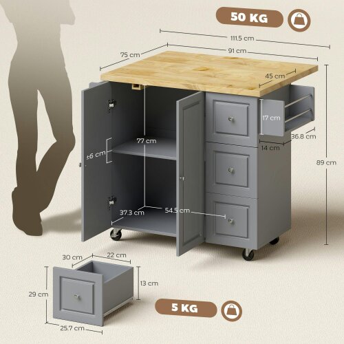 Wyld Haus Norado Grey and Natural Wooden Rolling Kitchen Island With Drop Leaf Drawer Towel And Spice Racks