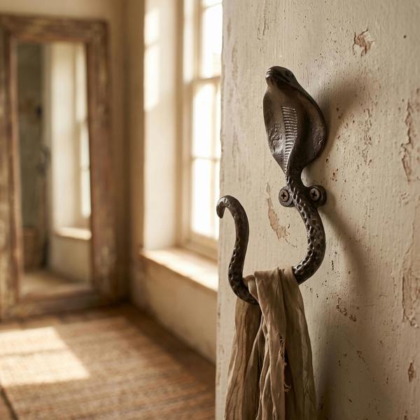Antique cast iron cobra snake coat hook mounted on rustic wall with scarf hanging, showcasing intricate design and durability in vintage entryway.