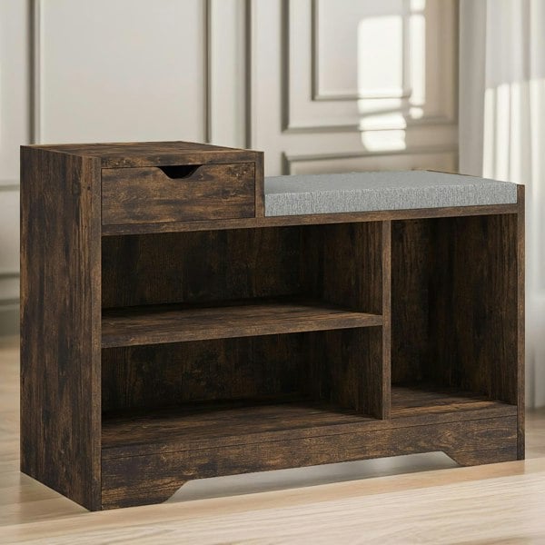 Rafaelo Mobilia Industrial Shoe Storage Bench With 3 Open Shelves Rustic Brown