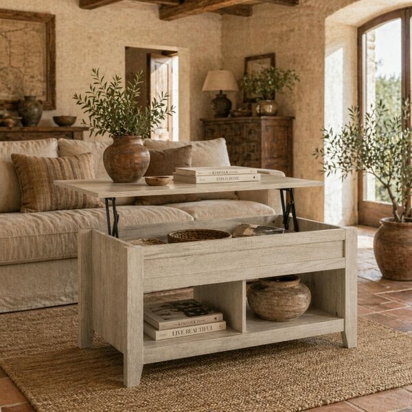 Wyld Haus Tonodo Wooden Oak Effect Lift Top Coffee Table With Storage and Bottom Shelf
