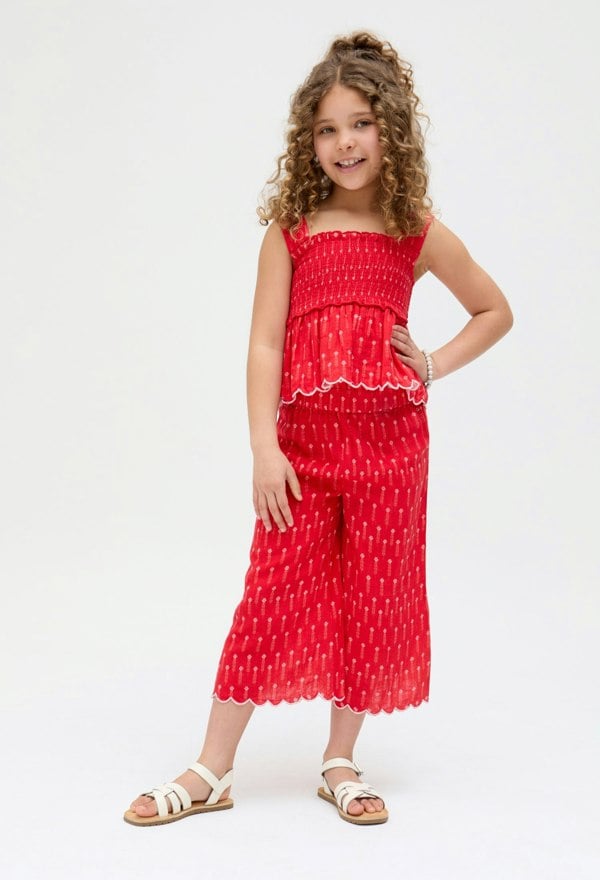 Kids Sia Shirred Floral Print Co-Ord top and trouser Set In Red - image 3
