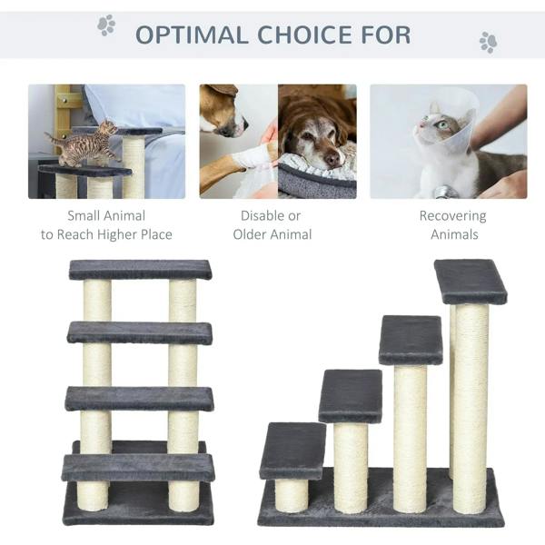 Grey 4-step pet stairs with multiple levels and sisal rope-wrapped support posts
