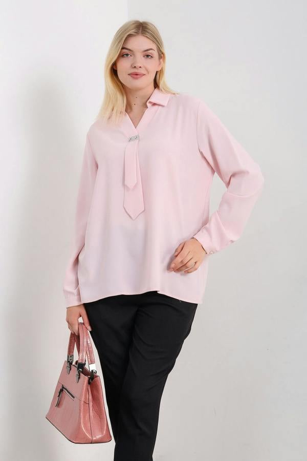 Hoxton Gal Oversized Long Sleeves Shirt Collar Blouse Top with Brooch Detail in Pink