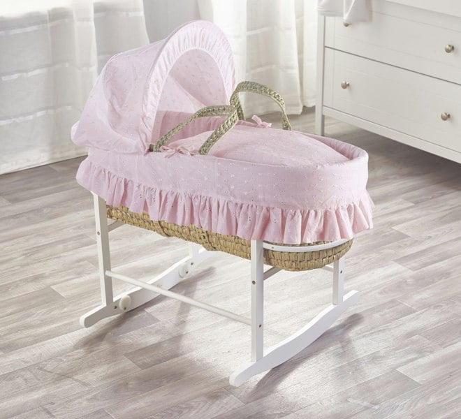 Kinder Valley Broderie Anglaise Pink Palm Moses Basket with Rocking Stand White