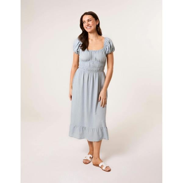 Blue Vanilla Puff Sleeve Shirred Panel Dress