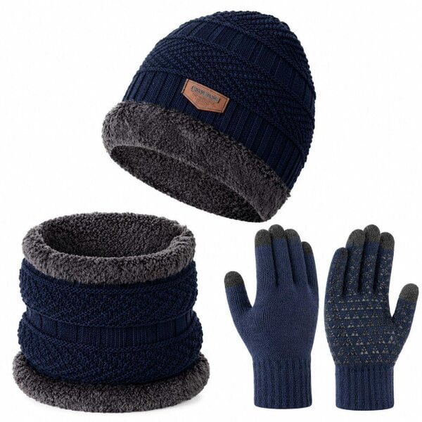Obasyhig Fleece-Lined Knitted Winter 3-Piece Set - Dark Blue - Style 1