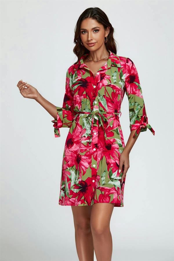 FS Collection Floral Print Shirt Mini Dress In Red