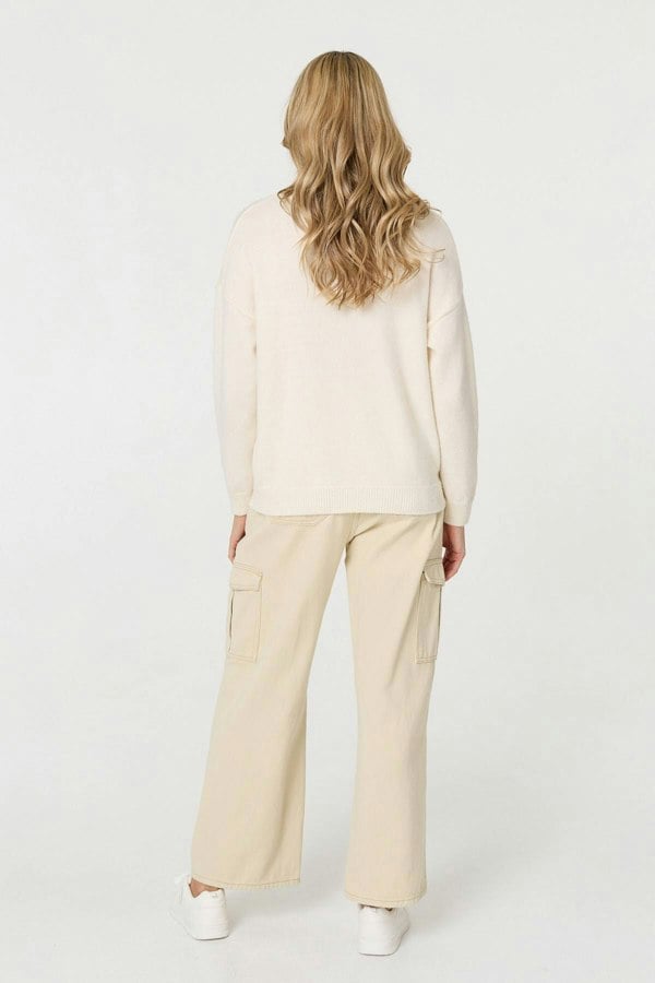 Cream | Embroidered Print Drop Shoulder Jumper