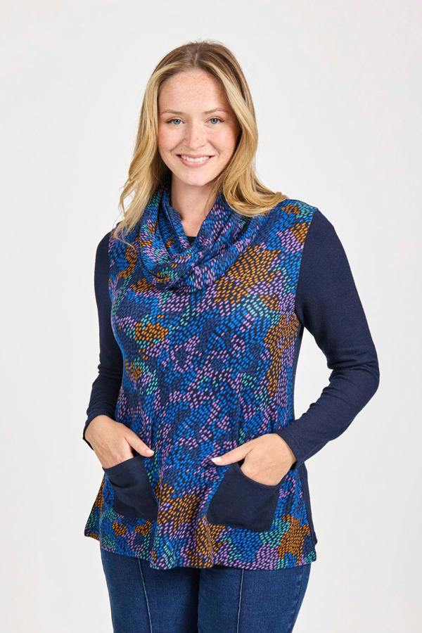 Mudflower Abstract Print Cowl Neck Top