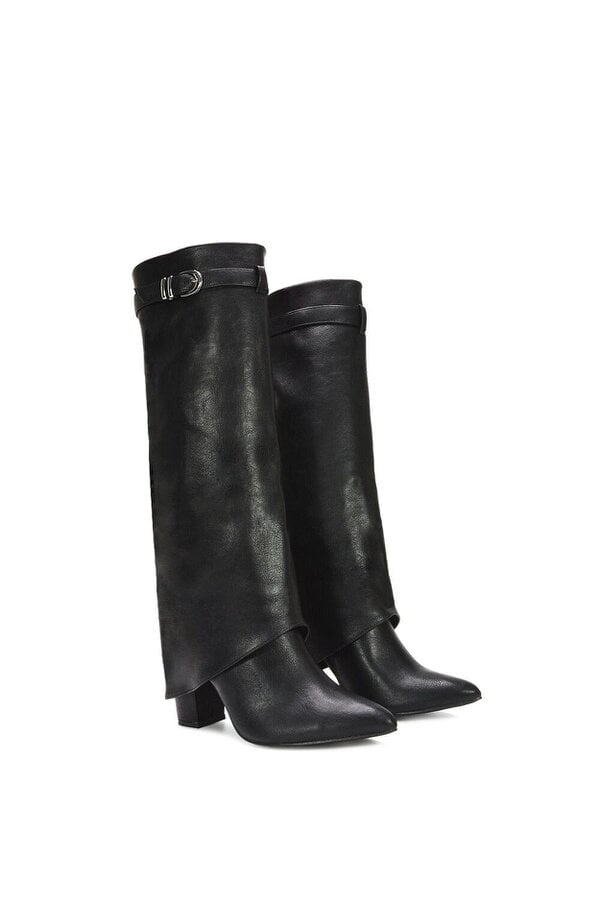 XY LONDON Fold Over Boots Block Heel Buckle Point Toe