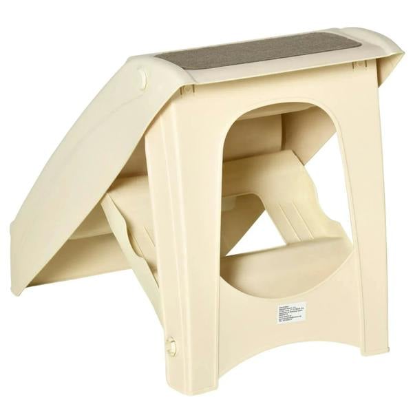 Beige foldable pet stairs side view with gray tread pads and open frame