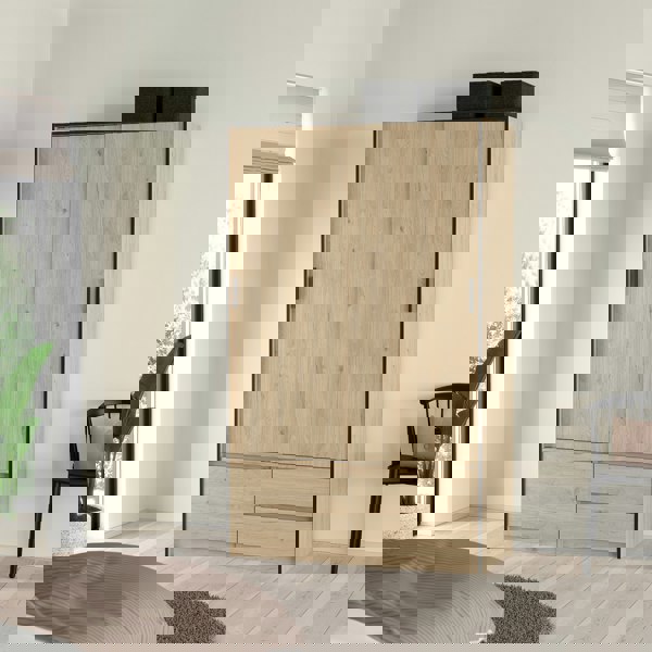 Furniture To Go Line Wardrobe with 2 Sliding Doors 1 Small Door and 2 Drawers in Jackson Hickory Oak