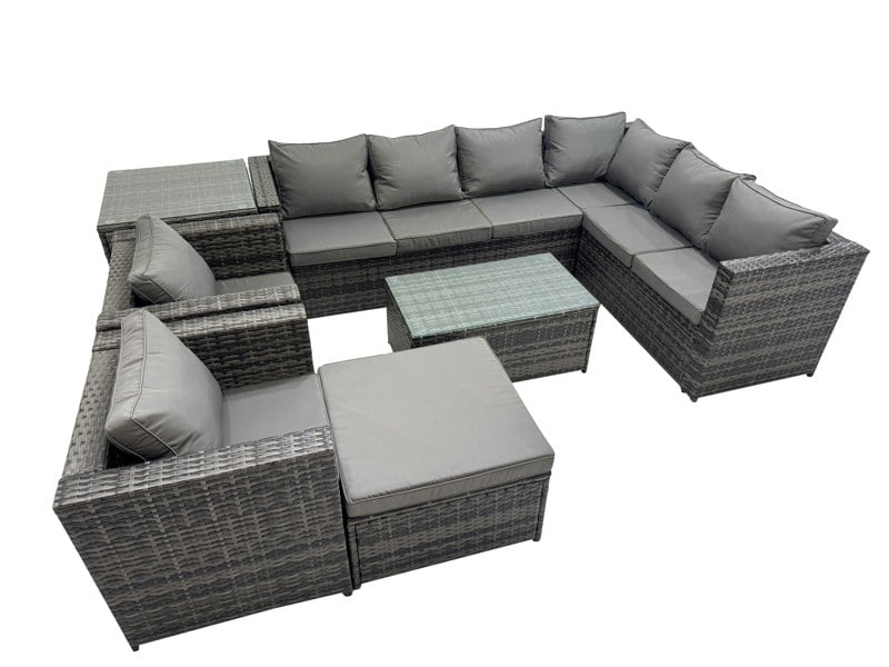 Fimous Patio Sofa Oblong Coffee Table Set Rattan Garden Furniture Set with 2 Chairs Big Stool Side Table Dark Grey Mixed