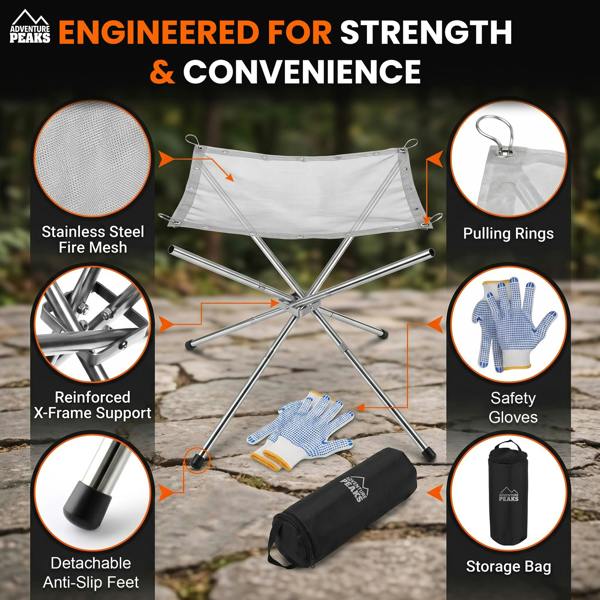 ADVENTURE PEAKS Portable Fire Pit for Camping with Heat Resistant Gloves & Storage Bag - Collapsible Fire Pit Stainless Steel Foldable Mesh