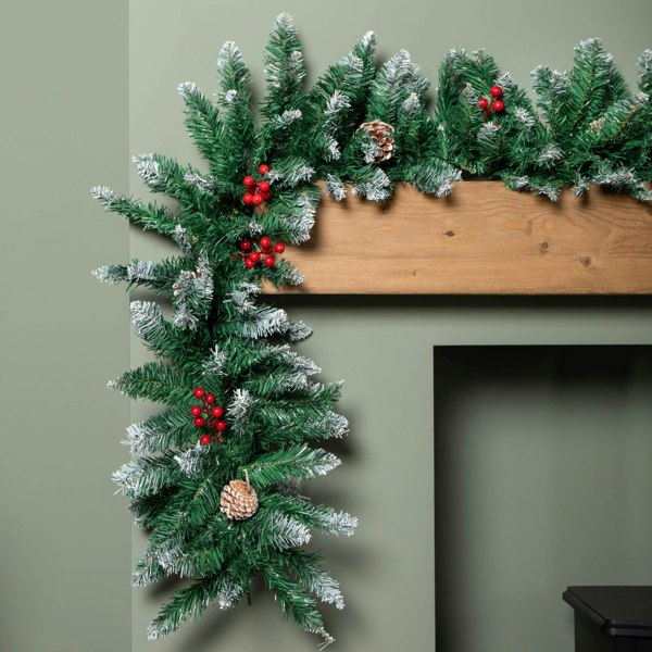 Samuel Alexander 2.7m Snow Tipped Christmas Garland with Red Berries, Cones & Bullet Tips