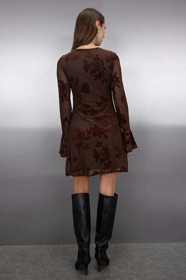 WOVCOR Flock Printed Lined Mini Dress with Tulle Flare Sleeves