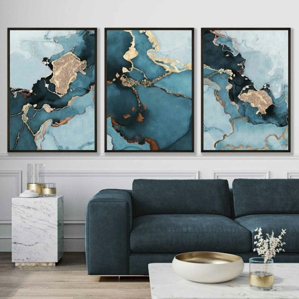 Set of 3 Abstract Teal Blue and Gold Framed Wall Art Prints | Artze Wall Art UK