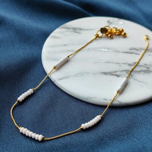 The Colourful Aura Golden Brass White Pearl Minimalist Thin Slim Foot Payal Anklet