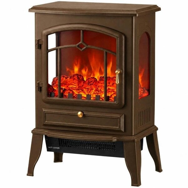 Electric Fireplace Stove, 1000/2000W 3-Sided Freestanding Fireplace Heater with 3D Flame Log, Thermostat, Brown