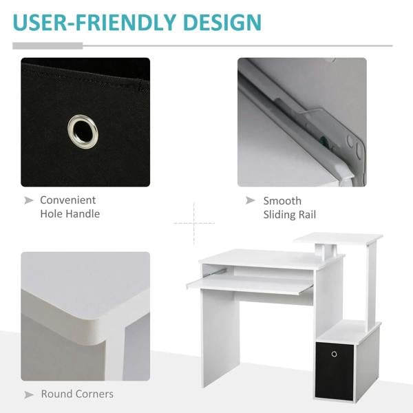 White computer desk with black fabric drawer and smooth sliding rail, rounded corners