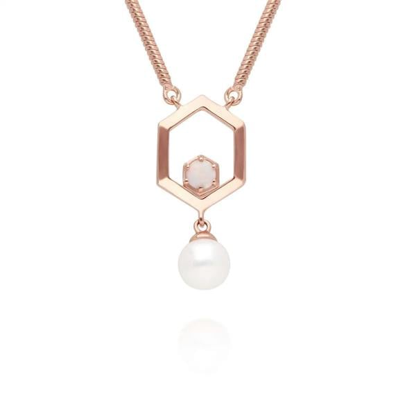 270N035901925 Modern Pearl & Opal Hexagon Drop Necklace in Rose Gold Plated Silver 1