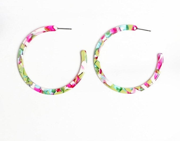 One Of A Kind Club Green and pink big hoop acrylic earrings