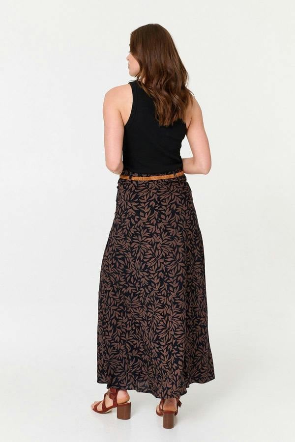 Navy | Leaf Print Belt High Waist Maxi Skirt
