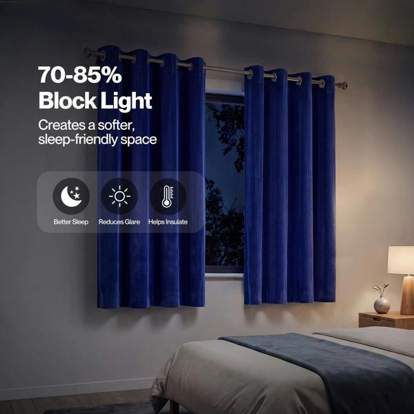 Marlow Thick Thermal Blackout Curtains Velvet 46x54 Inch Eyelet Ring Top Blue
