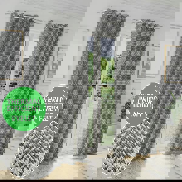 Enhanced Living Grey Geometric Leaf Pattern Room Darkening Thermal Energy Saving Pair of Curtains with Eyelet Header For Living Room & Bedrooms