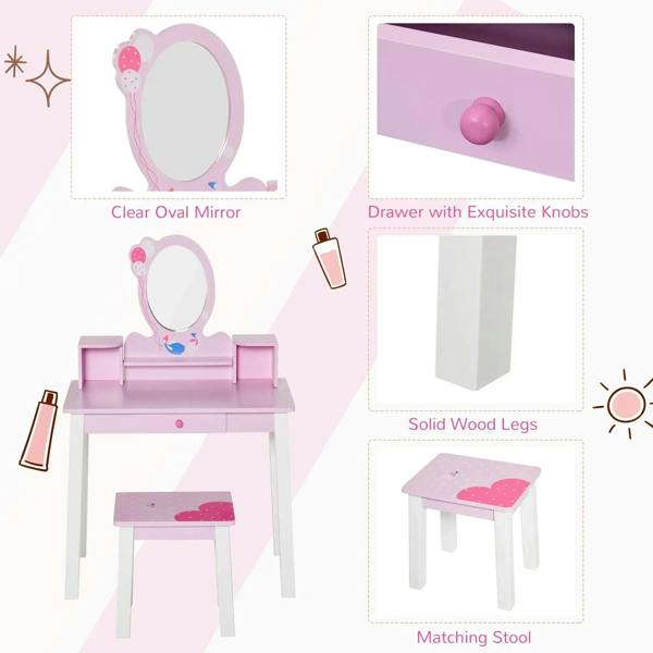 Kids pink vanity desk with oval mirror, knob drawer, and matching square stool