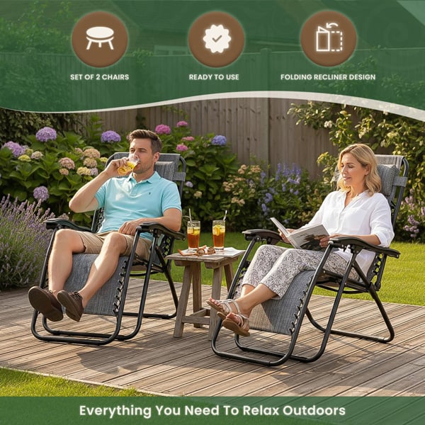 Padded Anti-Gravity Recliner Garden Chairs Grey 2pc