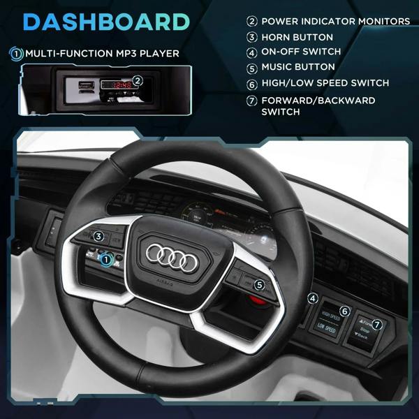 Kids electric ride-on car dashboard with steering wheel, horn button, and MP3 display