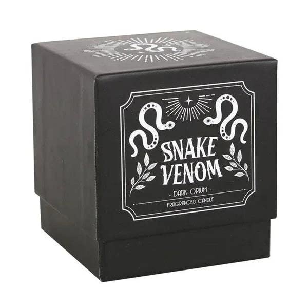 Black cube candle box with white Snake Venom label; dark opium fragrance