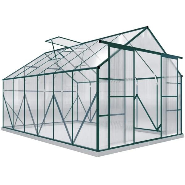Clear polycarbonate greenhouse with aluminum frame, double sliding door, and gable roof vent.
