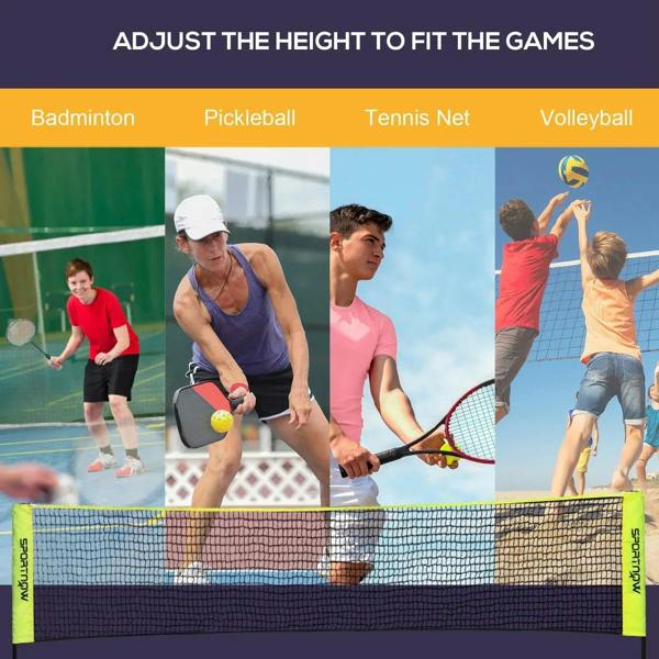 Neon yellow and black sports net stretched on a height-adjustable frame