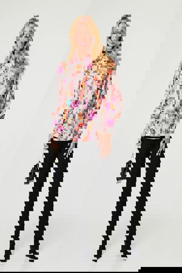 Pink | Abstract Floral Long Puff Sleeve Shirt
