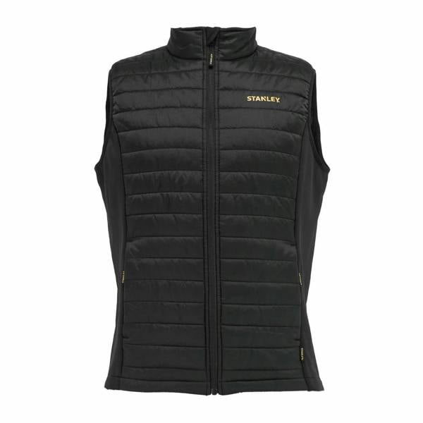 Stanley Banff Mens Ripstop Water Resistant Work Gilet Body Warmer, black sleeveless water-resistant padded vest with front zipper and yellow logo details.