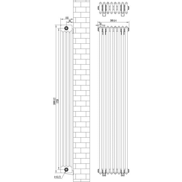 Traditional black 4 column radiator measuring 1800 x 380mm, featuring a sleek design with detailed vertical lines and rounded edges