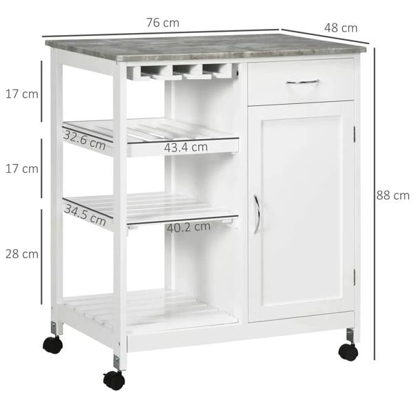 White kitchen trolley cabinet on wheels with gray top, drawer, and open shelf spaces
