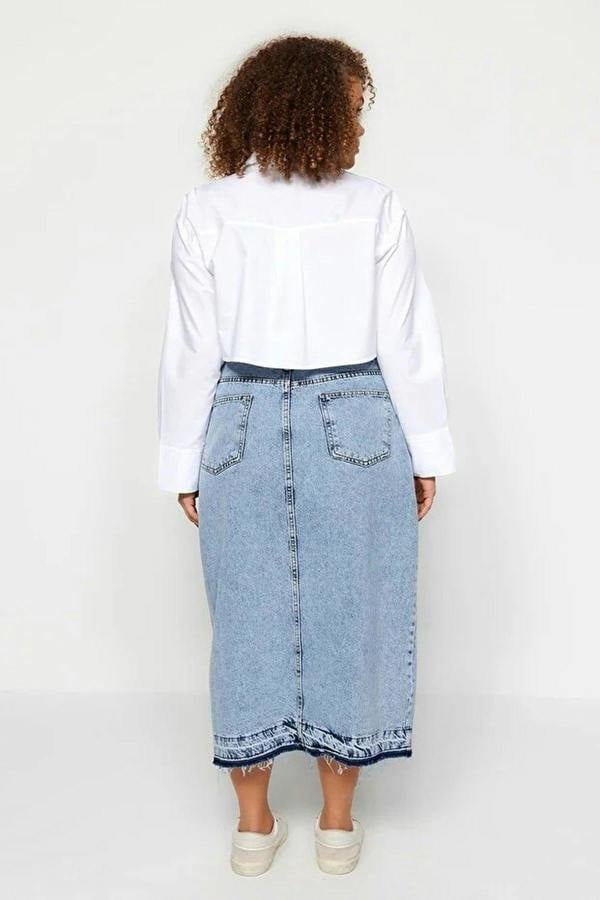 WOVCOR Front Slit Midi Length 100% Cotton Non-Stretch Plus Size Denim Skirt