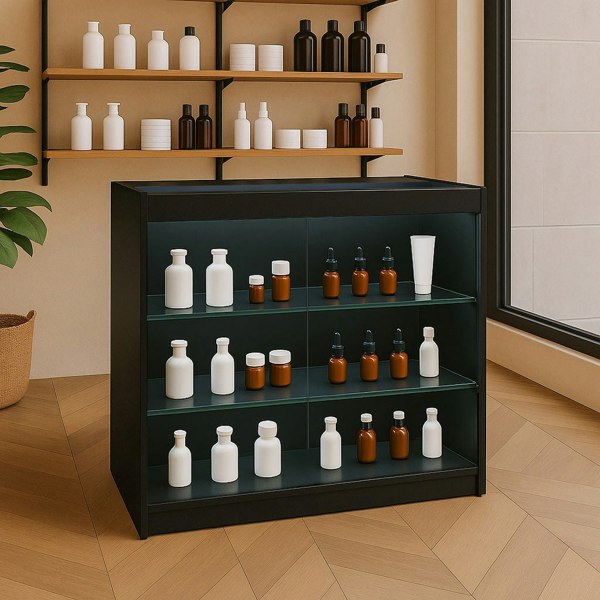 Black LED retail shop counter K900 with illuminated shelves displaying various bottles on a wooden floor and minimalist background