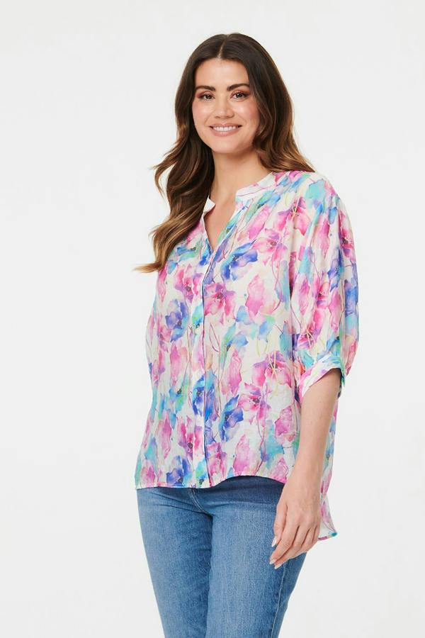 Pink | Floral 1/2 Sleeve Curve Hem Blouse