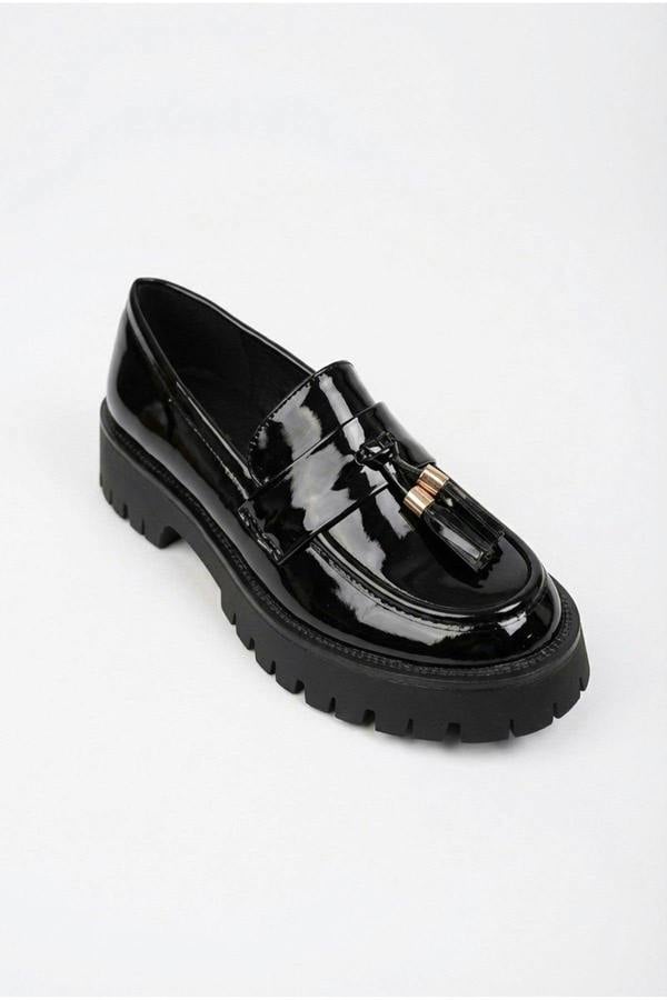 Mia Womens Chunky Patent Tassel Loafers - BLACK